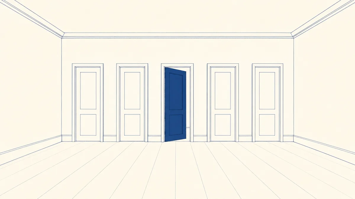 並んだ五つの扉のうち一枚だけが開いている静かな廊下の線画イラスト