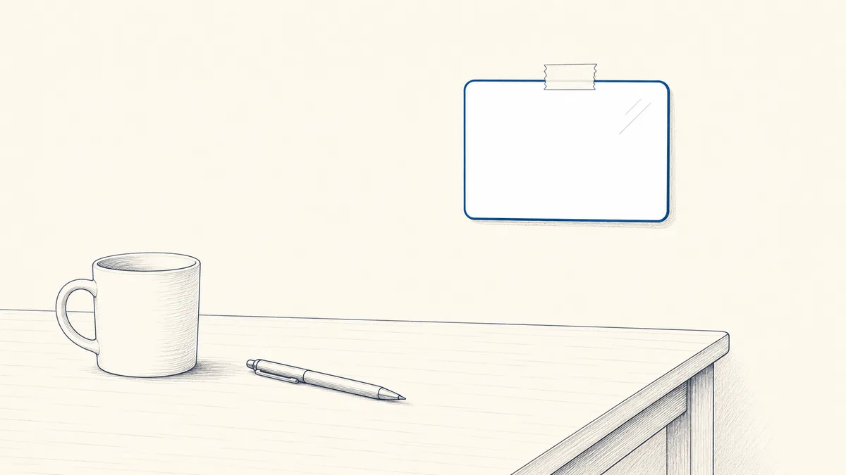 机の壁際に貼られた白紙のラミネートカードと、ペンとマグカップの線画イラスト